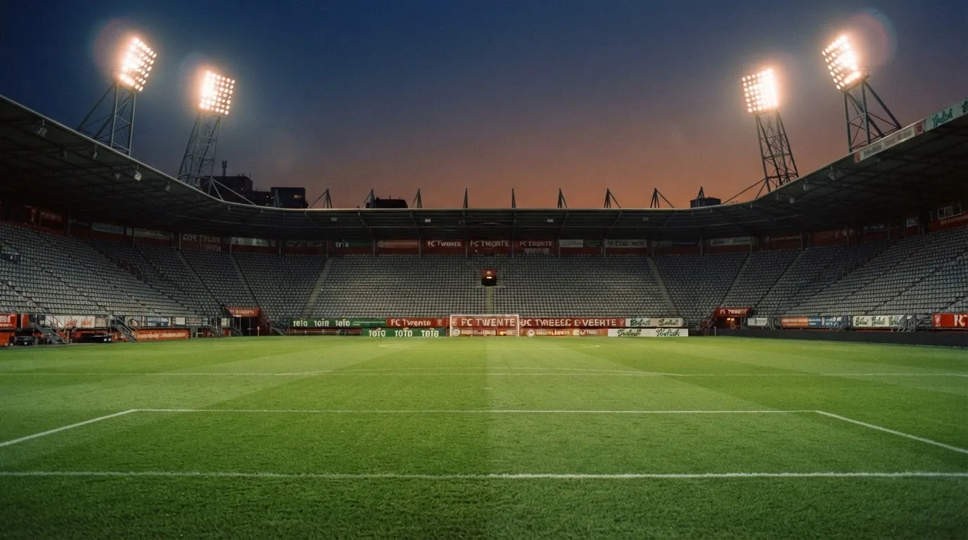 Een leeg voetbalstadion met lichtmasten bij schemering