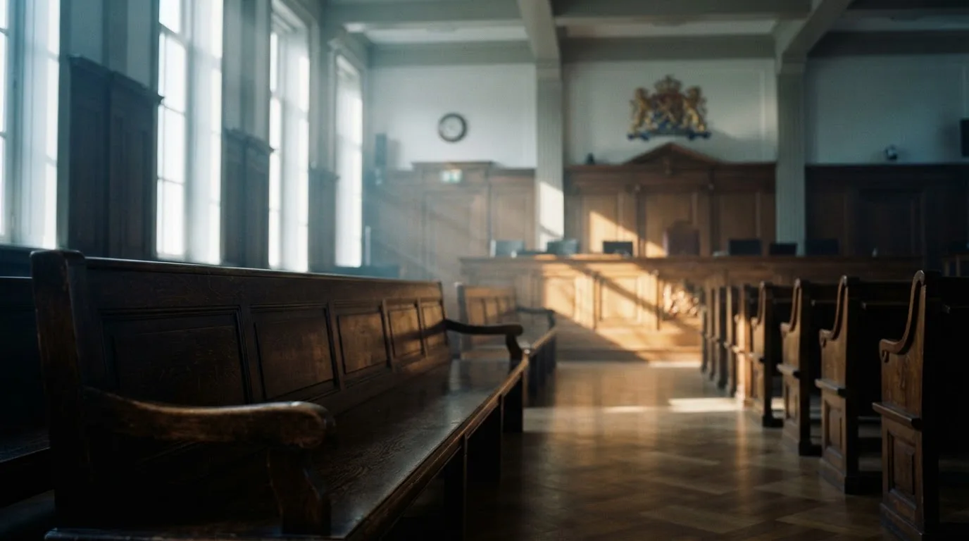 Een lege rechtszaal met houten banken in het ochtendlicht