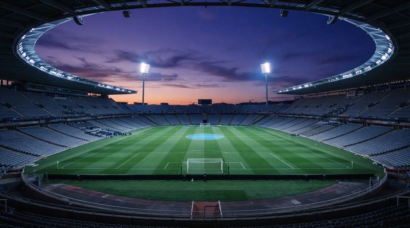 Een leeg voetbalstadion met lichtmasten bij schemering