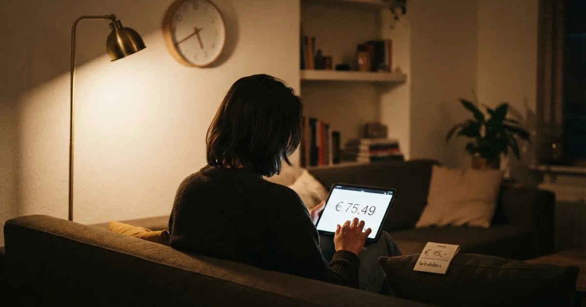 Een persoon op de bank kijkt peinzend naar een tablet, op de achtergrond een klok aan de muur