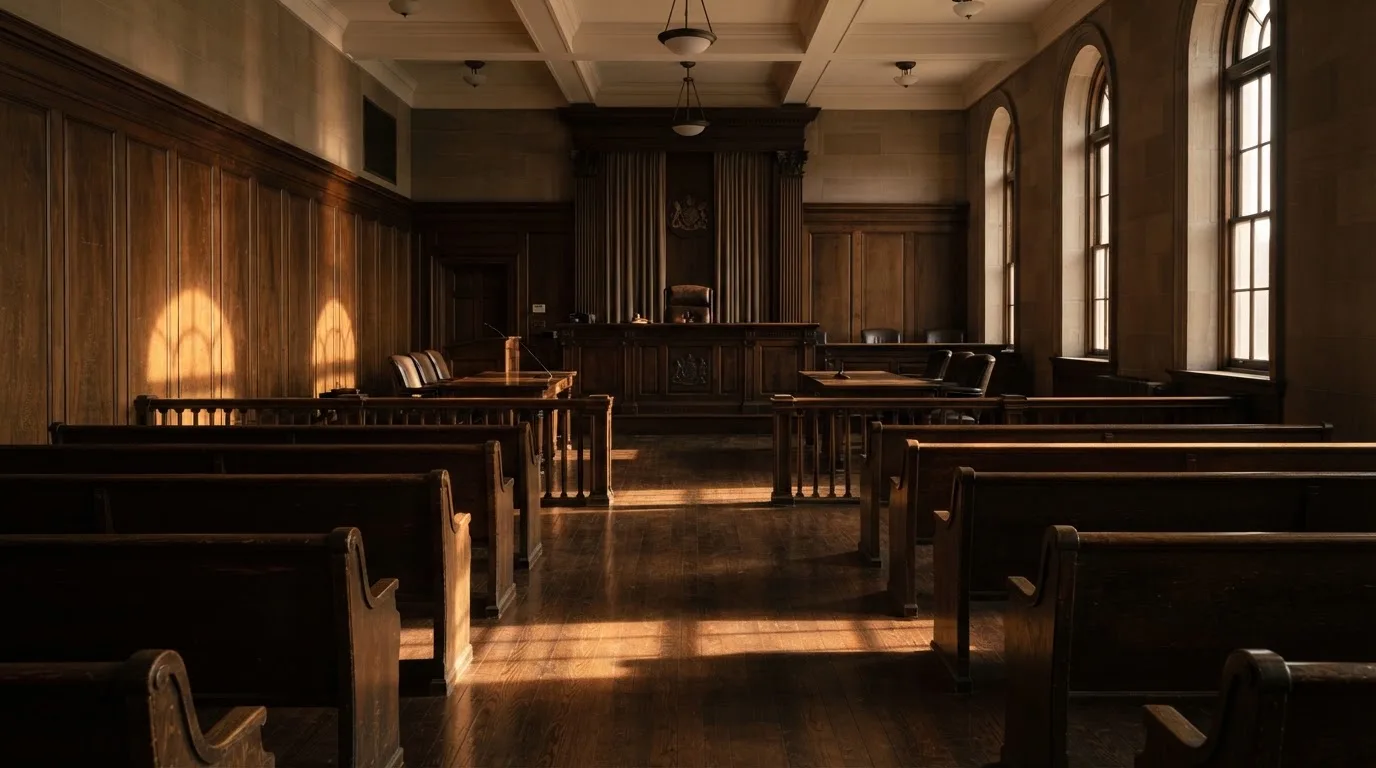Een lege rechtszaal met houten banken in het ochtendlicht