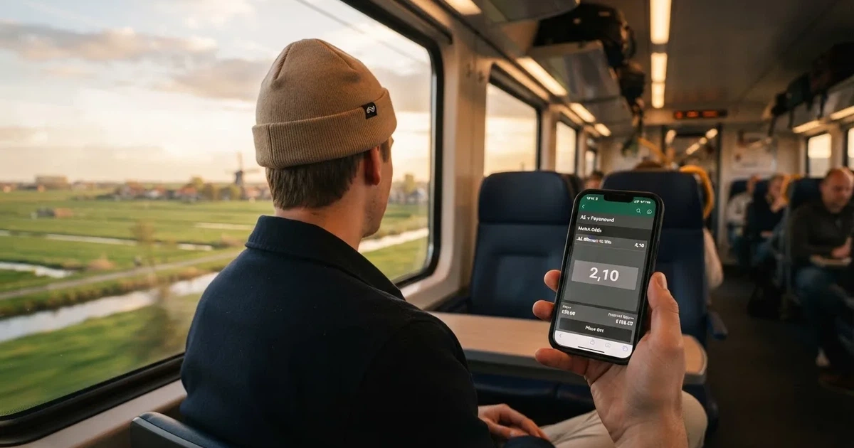 Een hand houdt een smartphone vast in de trein, het scherm van de camera afgewend