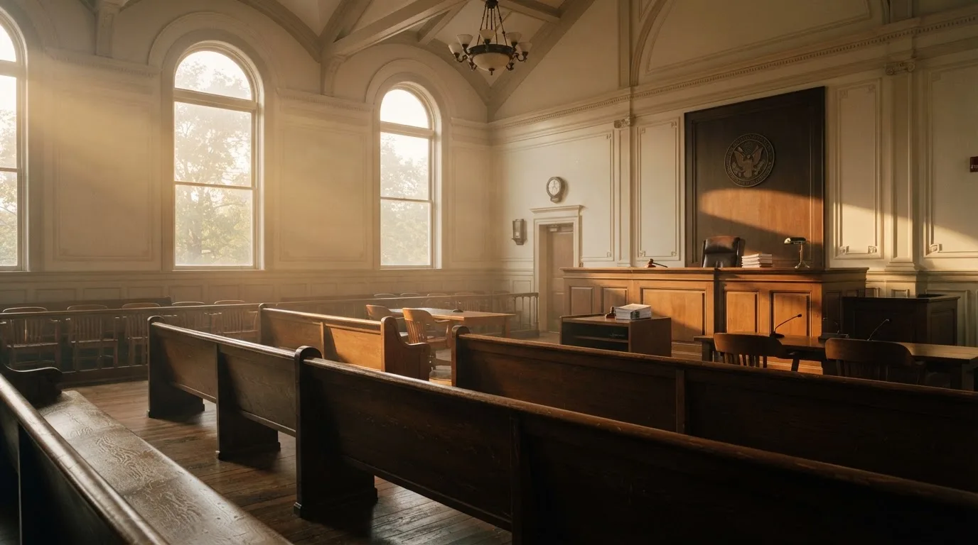 Een lege rechtszaal met houten banken in het ochtendlicht