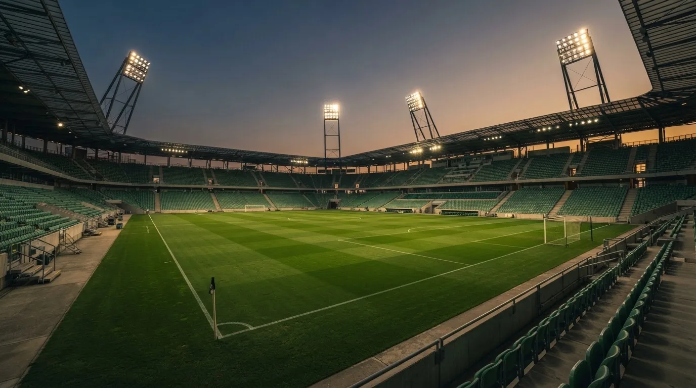 Een leeg voetbalstadion met lichtmasten bij schemering