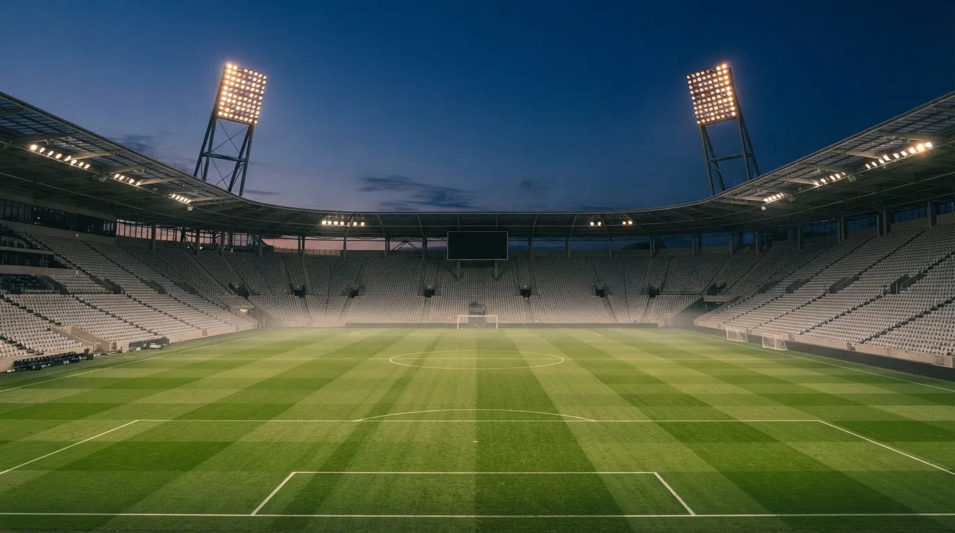 Een leeg voetbalstadion met lichtmasten bij schemering