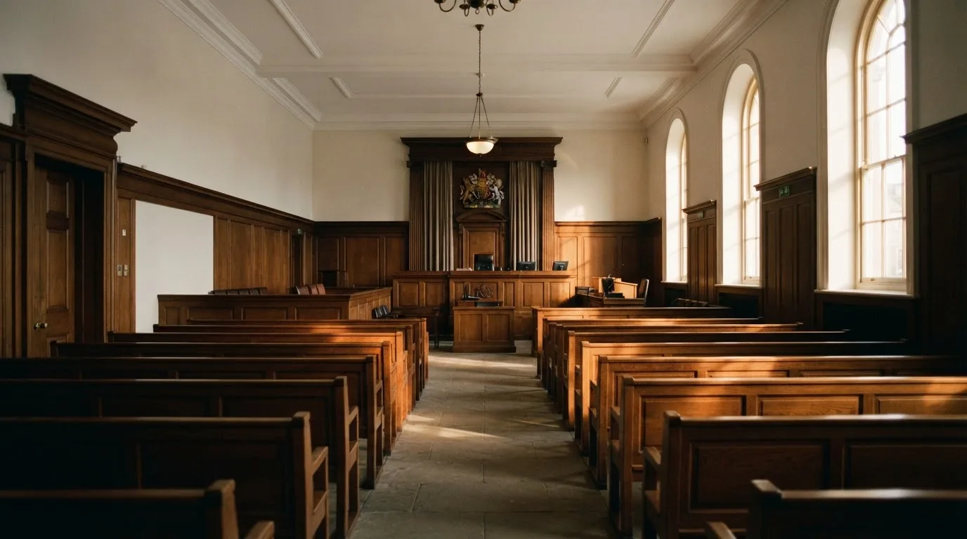 Een lege rechtszaal met houten banken in het ochtendlicht