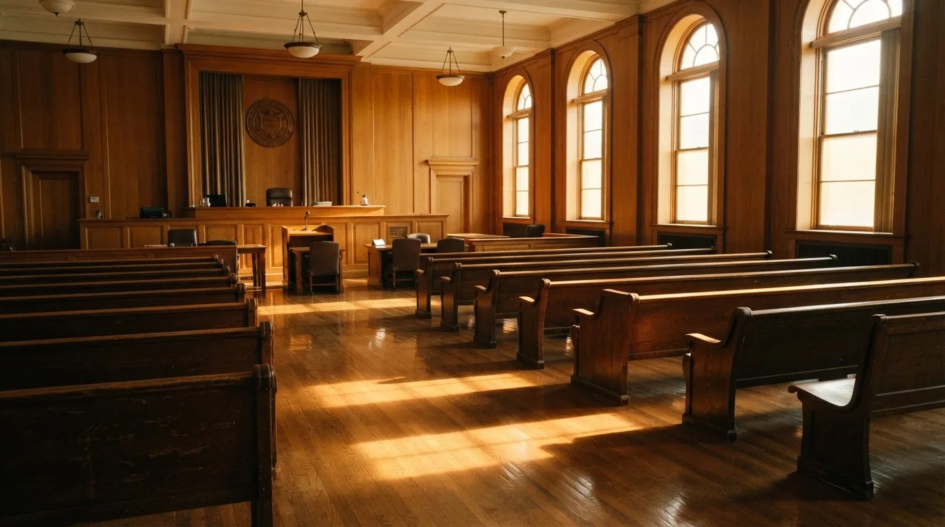Een lege rechtszaal met houten banken in het ochtendlicht
