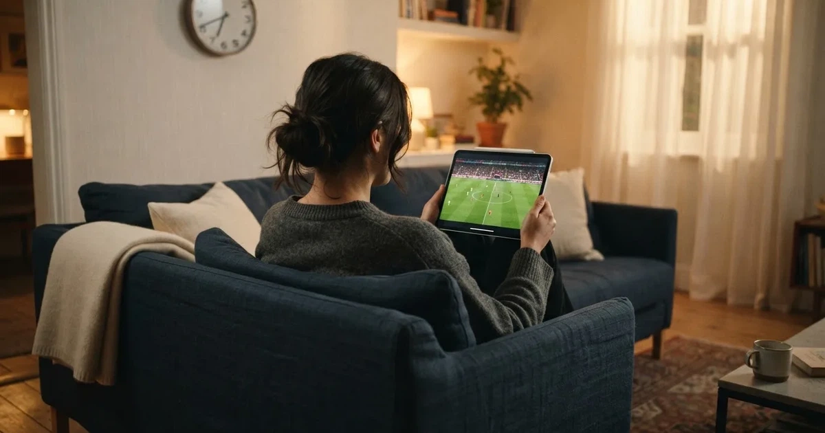 Een persoon op de bank kijkt peinzend naar een tablet, op de achtergrond een klok aan de muur