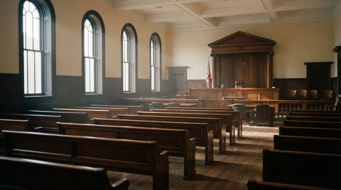 Een lege rechtszaal met houten banken in het ochtendlicht