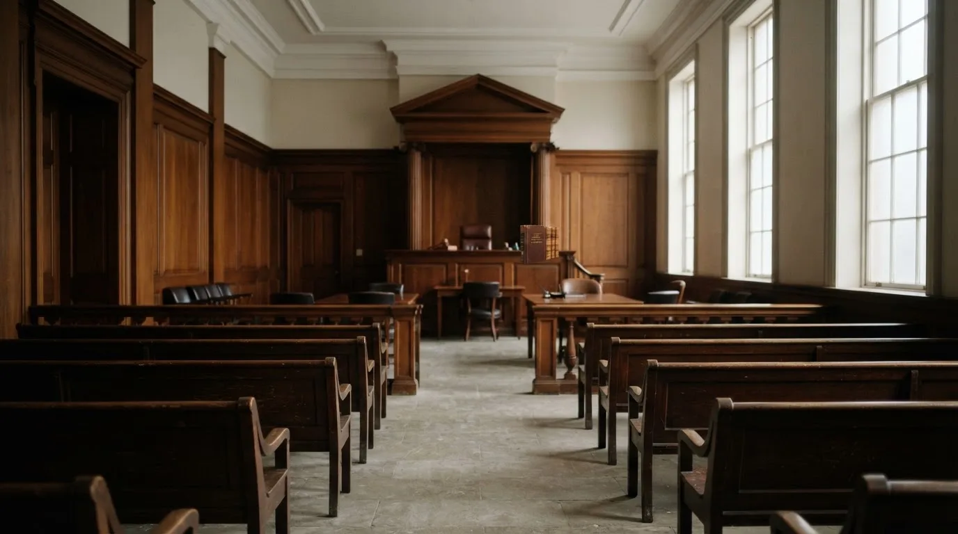 Een lege rechtszaal met houten banken in het ochtendlicht