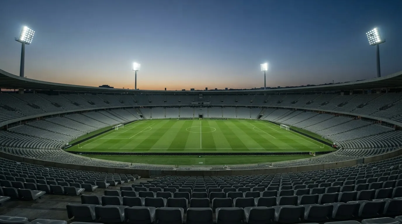 Een leeg voetbalstadion met lichtmasten bij schemering