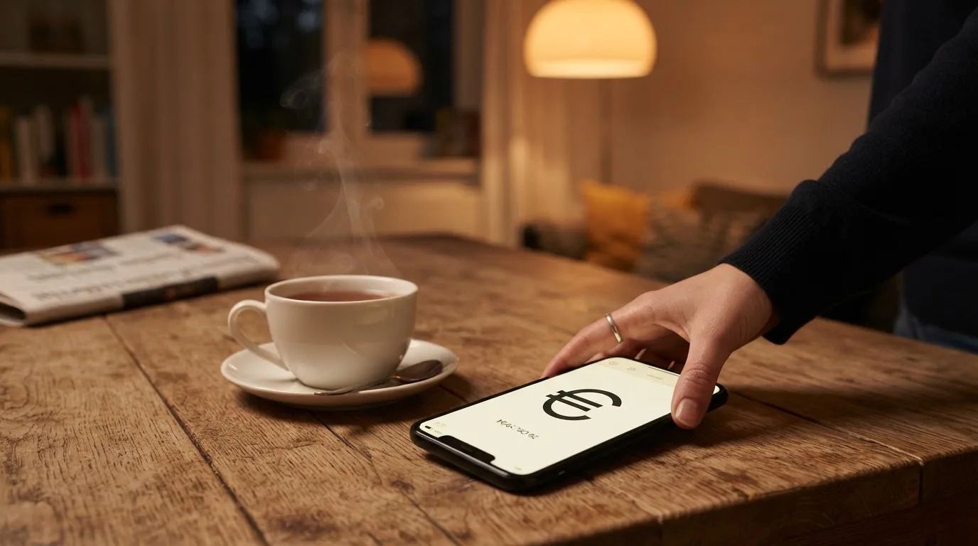 Een hand legt een smartphone naast een kopje thee op een keukentafel, een rustige avond
