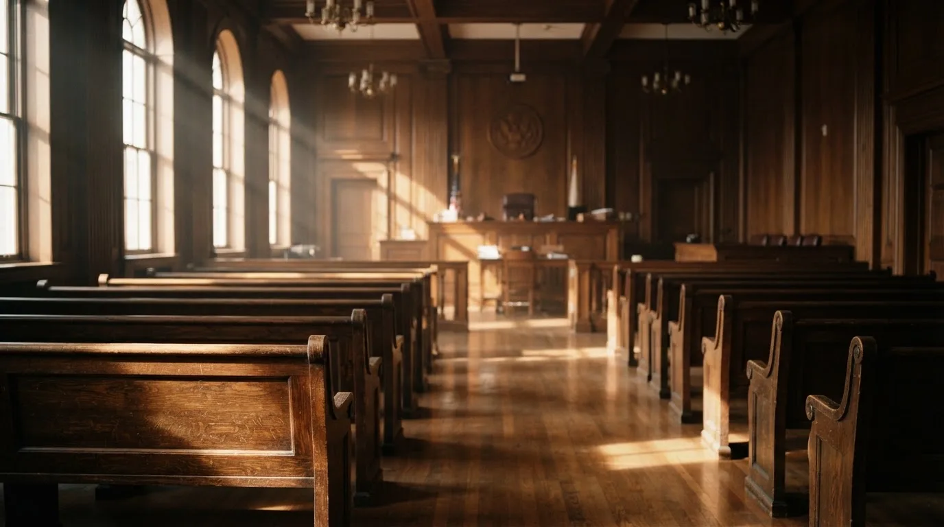 Een lege rechtszaal met houten banken in het ochtendlicht