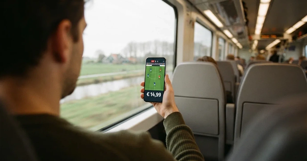 Een hand houdt een smartphone vast in de trein, het scherm van de camera afgewend
