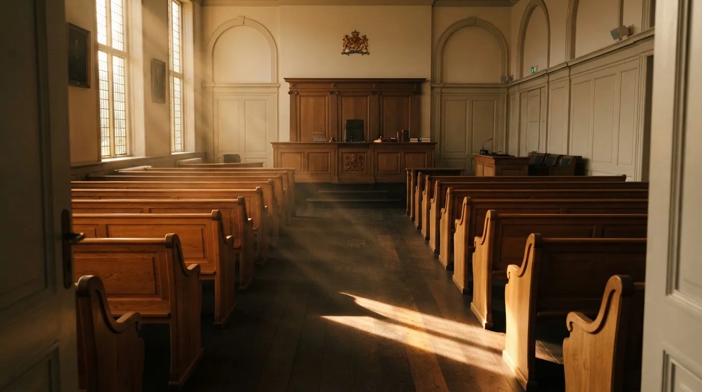 Een lege rechtszaal met houten banken in het ochtendlicht