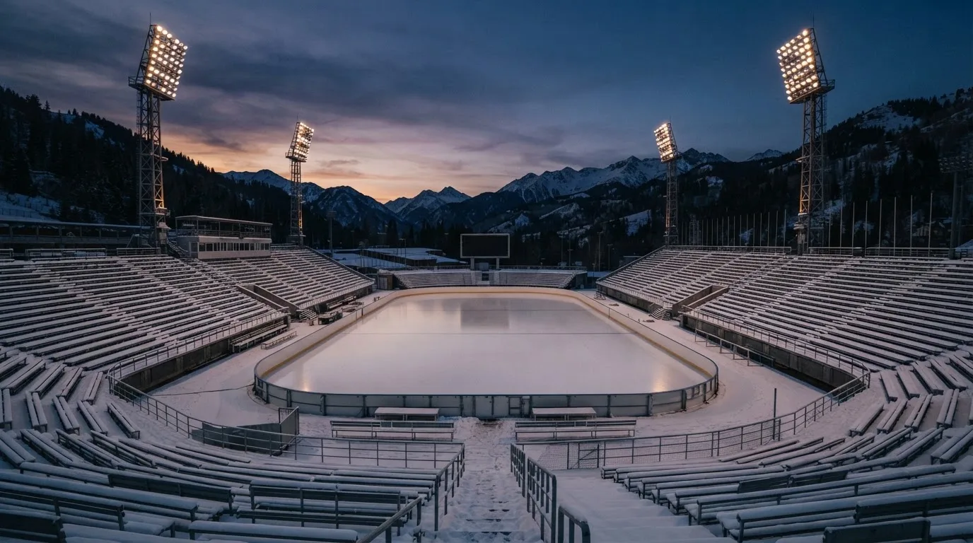 Een leeg voetbalstadion met lichtmasten bij schemering