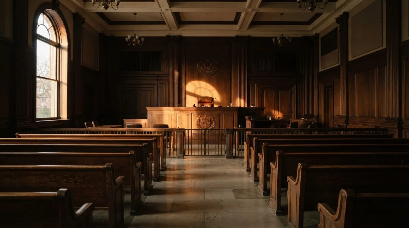 Een lege rechtszaal met houten banken in het ochtendlicht