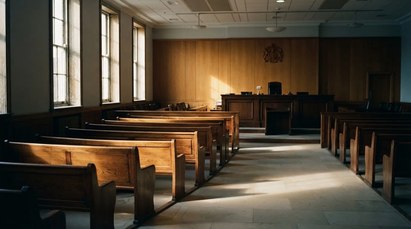 Een lege rechtszaal met houten banken in het ochtendlicht