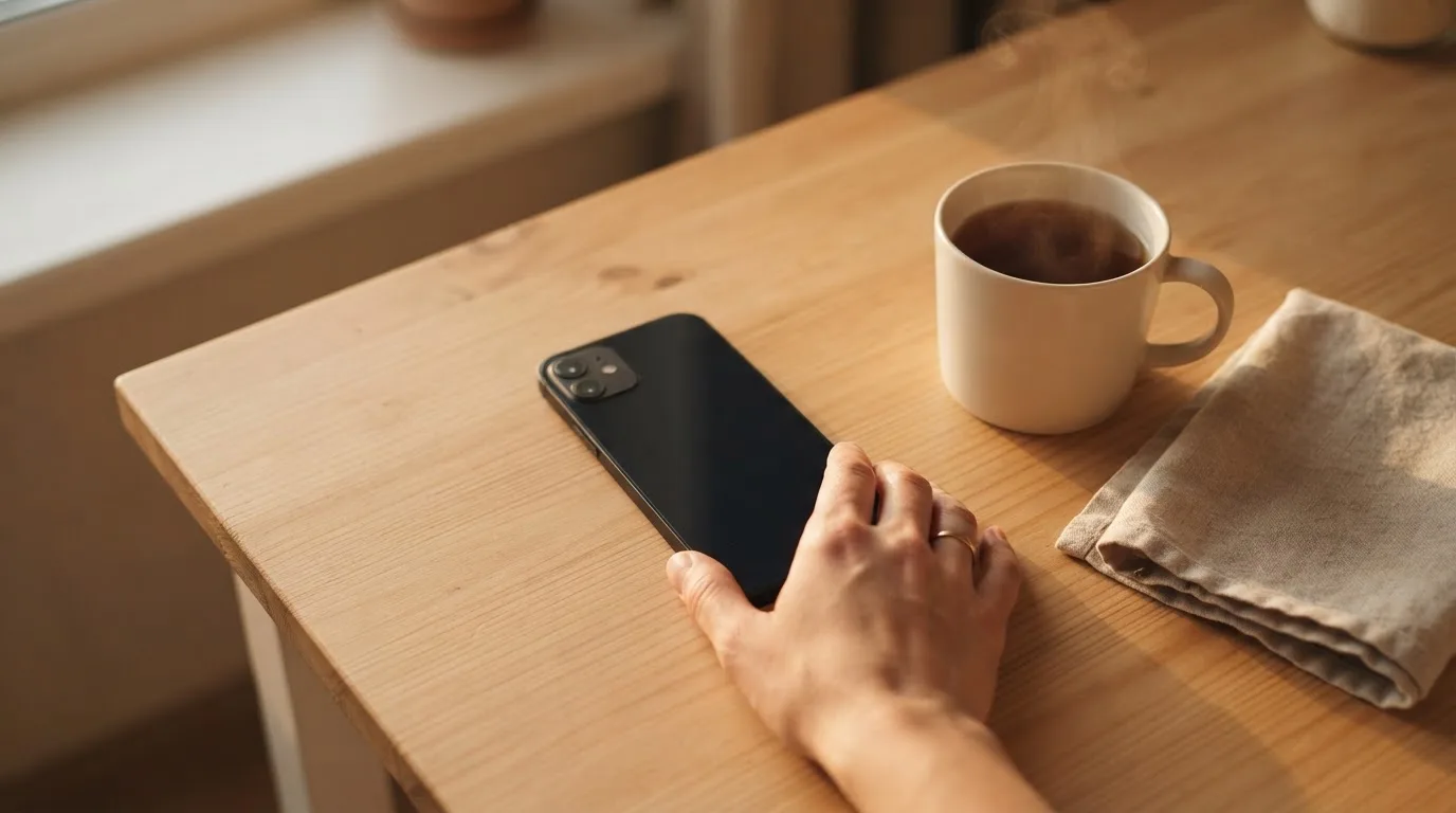 Een hand legt een smartphone naast een kopje thee op een keukentafel, een rustige avond