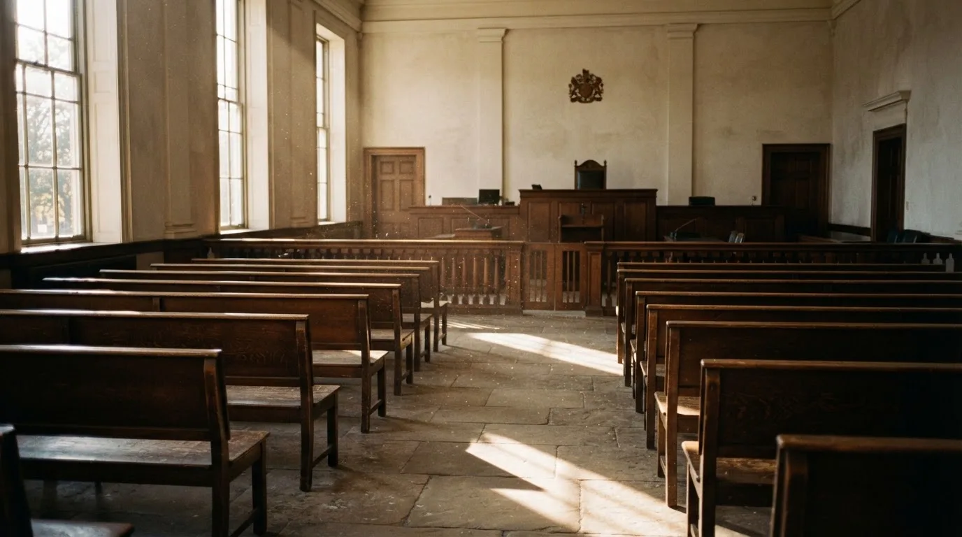 Een lege rechtszaal met houten banken in het ochtendlicht
