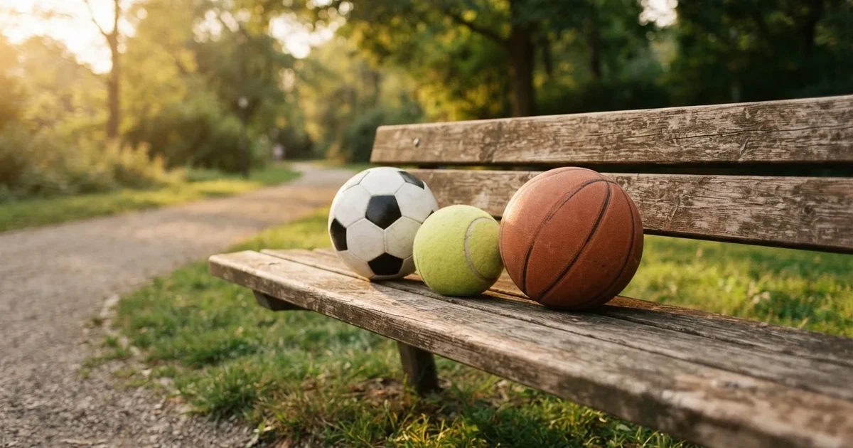 Drie ballen van verschillende soorten naast elkaar op een houten bank