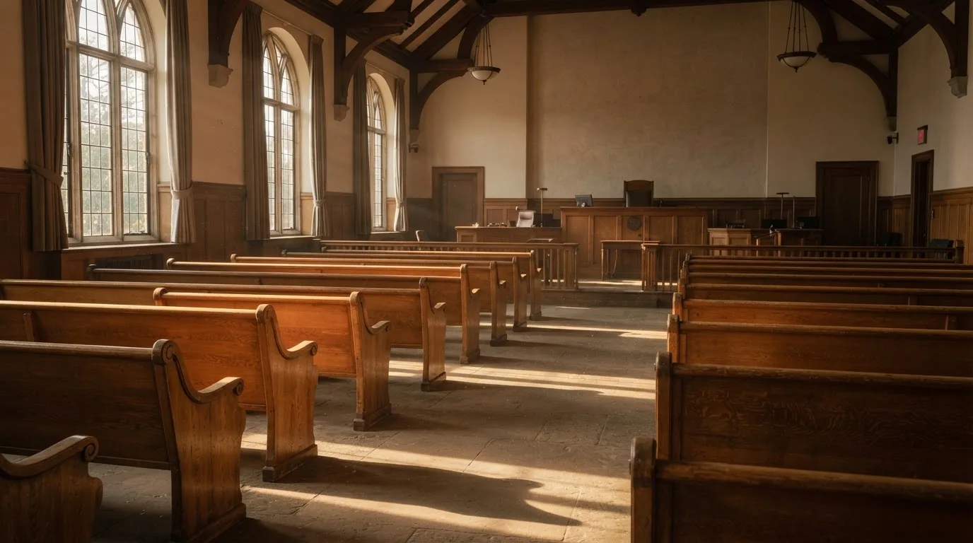 Een lege rechtszaal met houten banken in het ochtendlicht