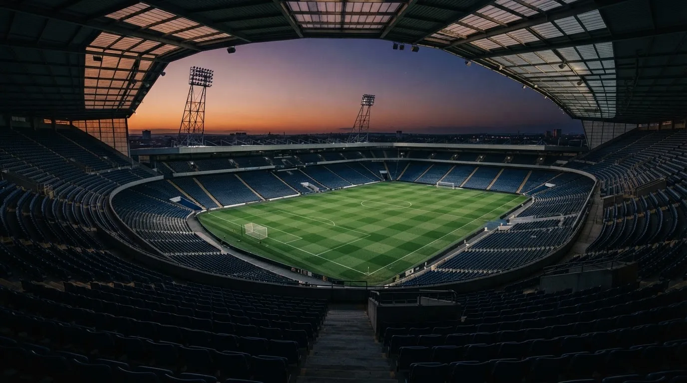 Een leeg voetbalstadion met lichtmasten bij schemering