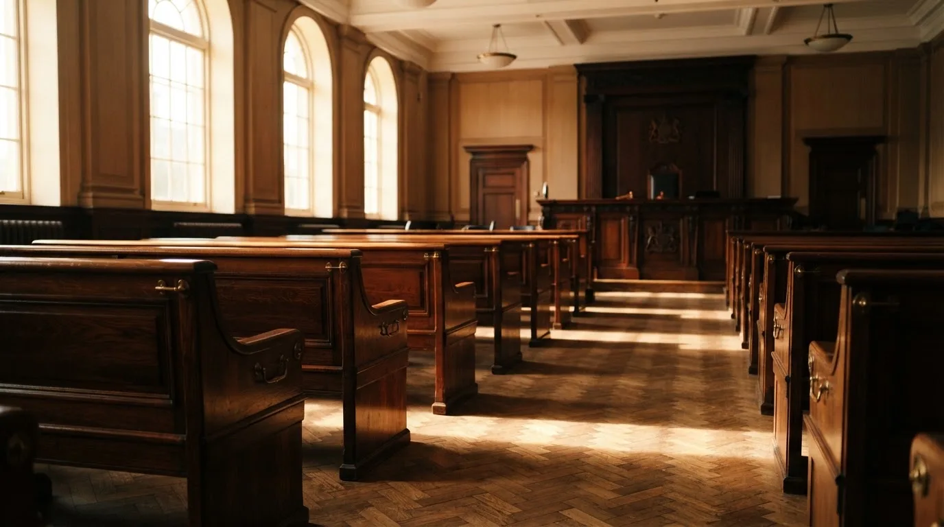 Een lege rechtszaal met houten banken in het ochtendlicht