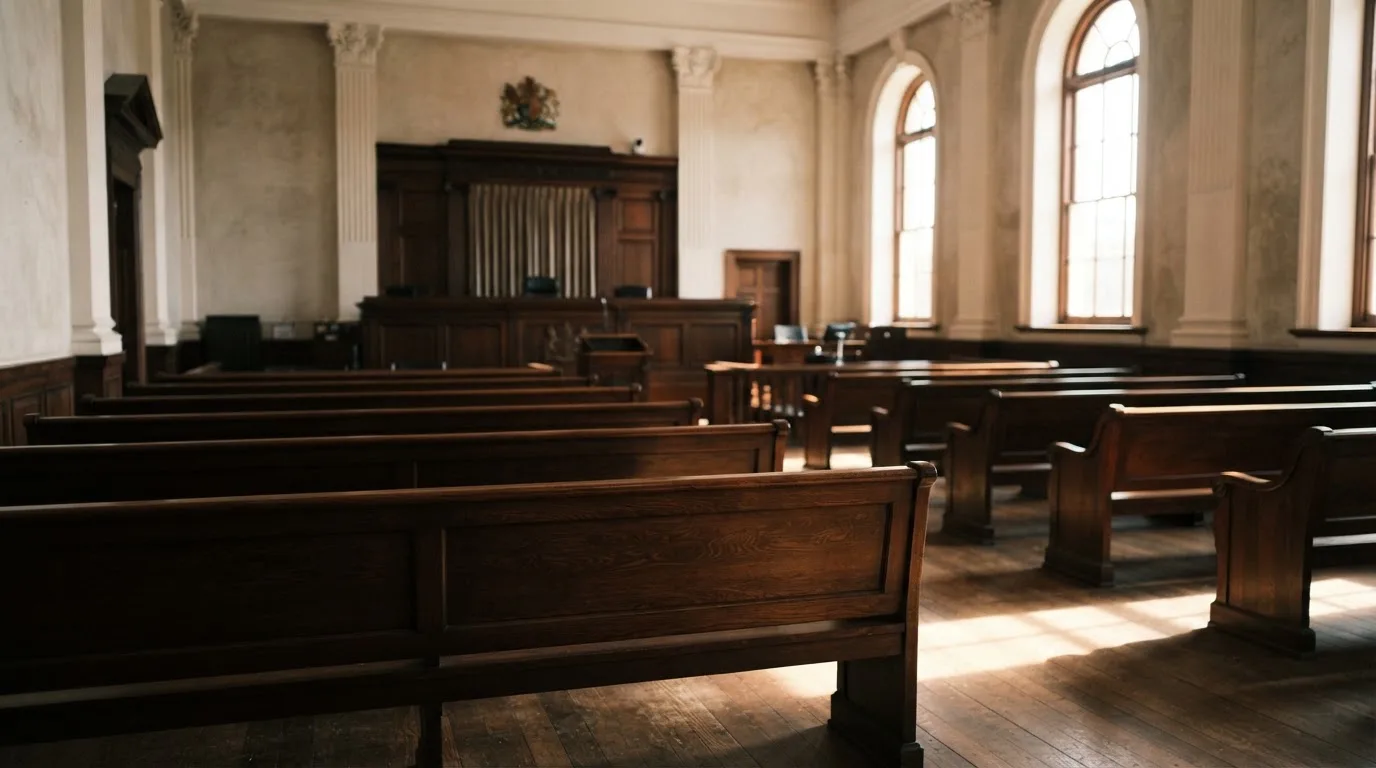 Een lege rechtszaal met houten banken in het ochtendlicht