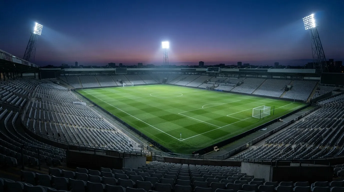 Een leeg voetbalstadion met lichtmasten bij schemering