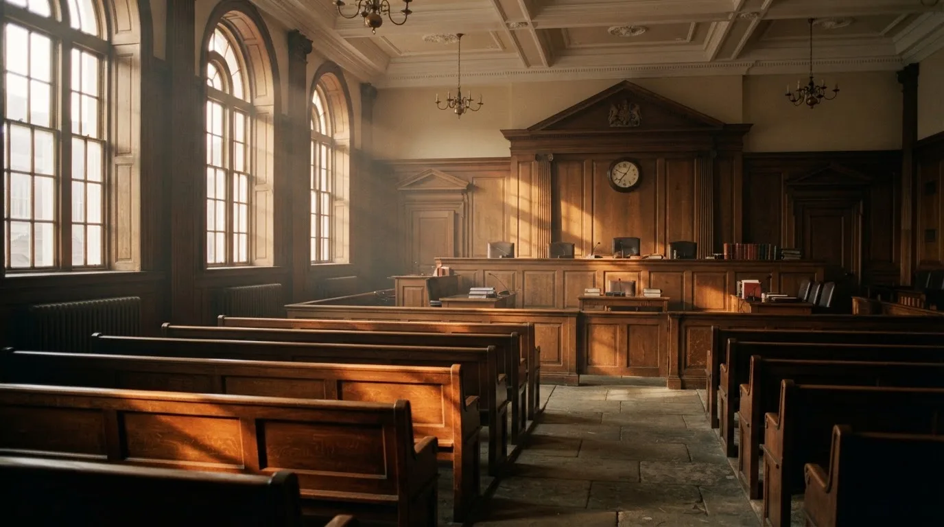 Een lege rechtszaal met houten banken in het ochtendlicht