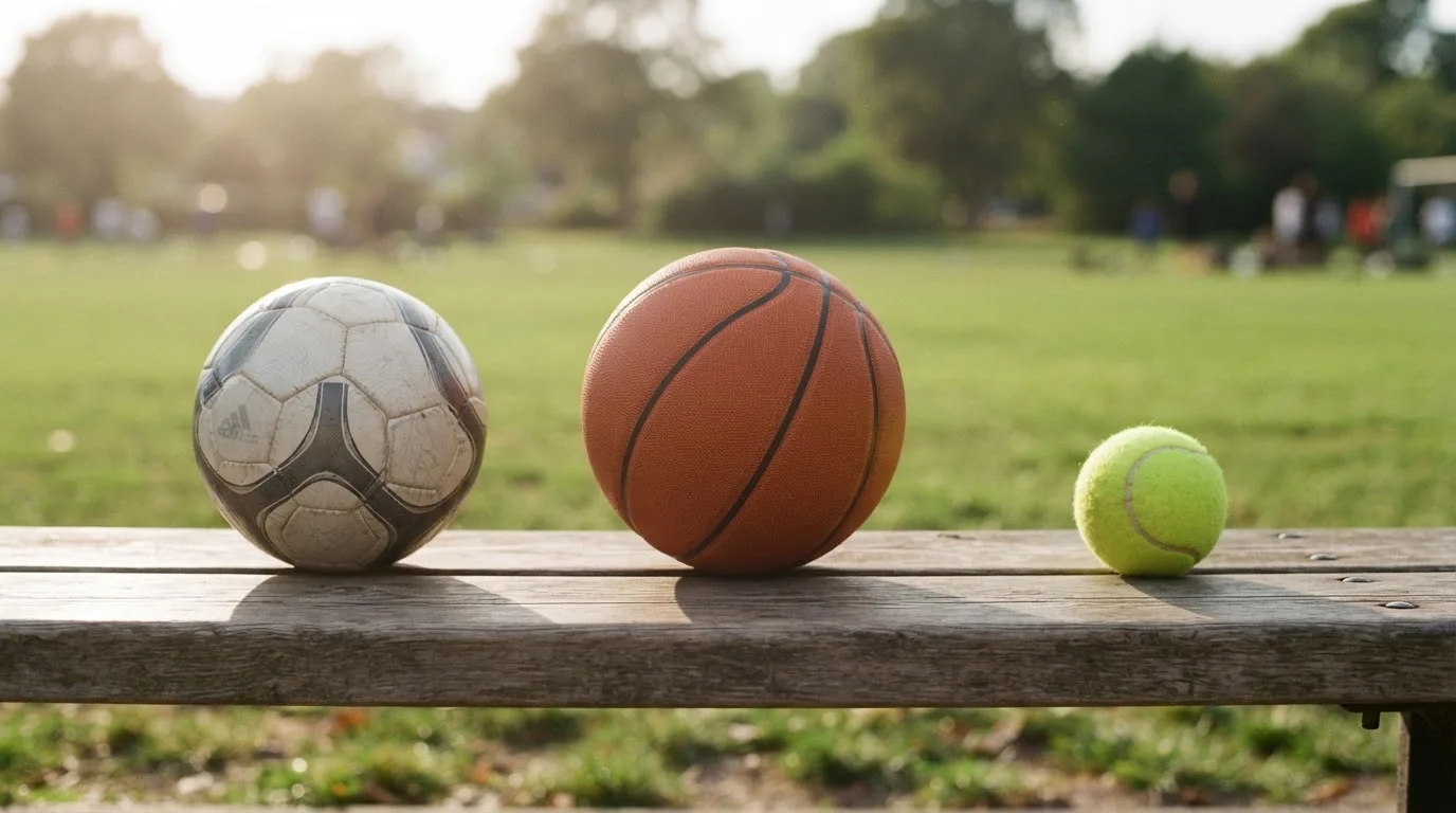 Drie ballen van verschillende soorten naast elkaar op een houten bank