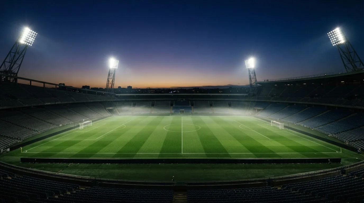 Een leeg voetbalstadion met lichtmasten bij schemering