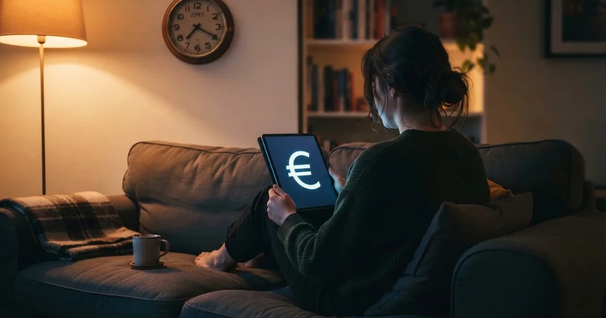 Een persoon op de bank kijkt peinzend naar een tablet, op de achtergrond een klok aan de muur