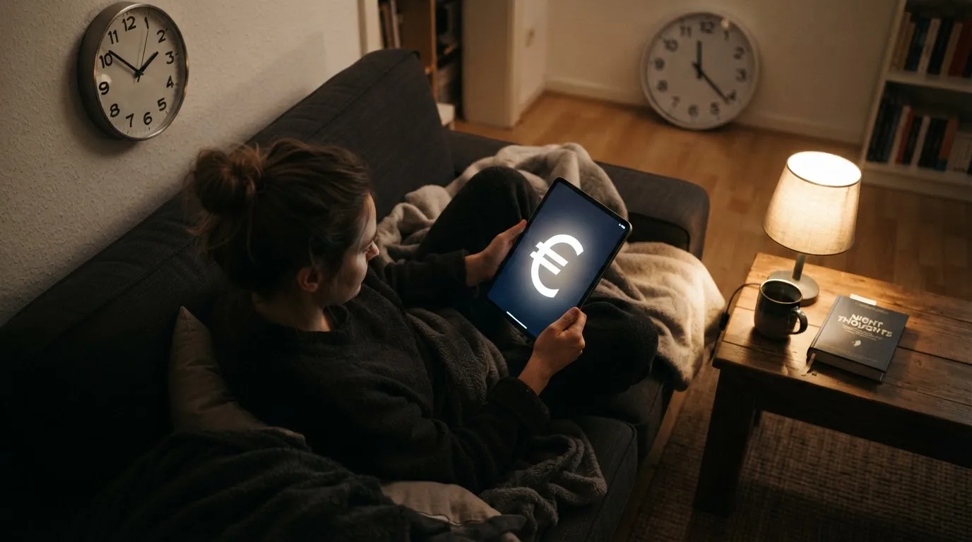 Een persoon op de bank kijkt peinzend naar een tablet, op de achtergrond een klok aan de muur