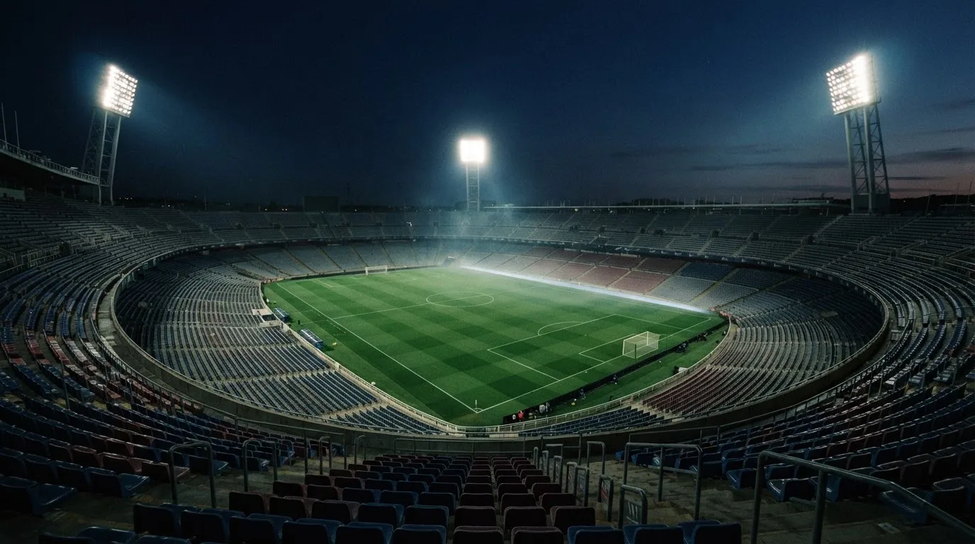 Een leeg voetbalstadion met lichtmasten bij schemering