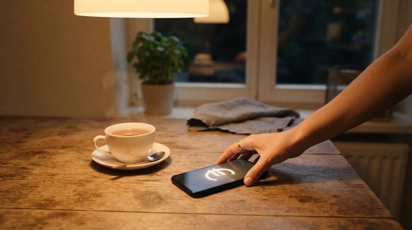 Een hand legt een smartphone naast een kopje thee op een keukentafel, een rustige avond