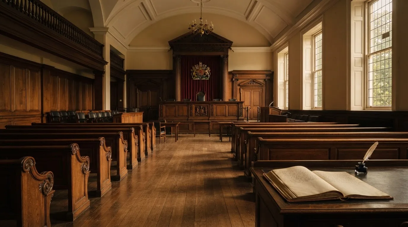 Een lege rechtszaal met houten banken in het ochtendlicht