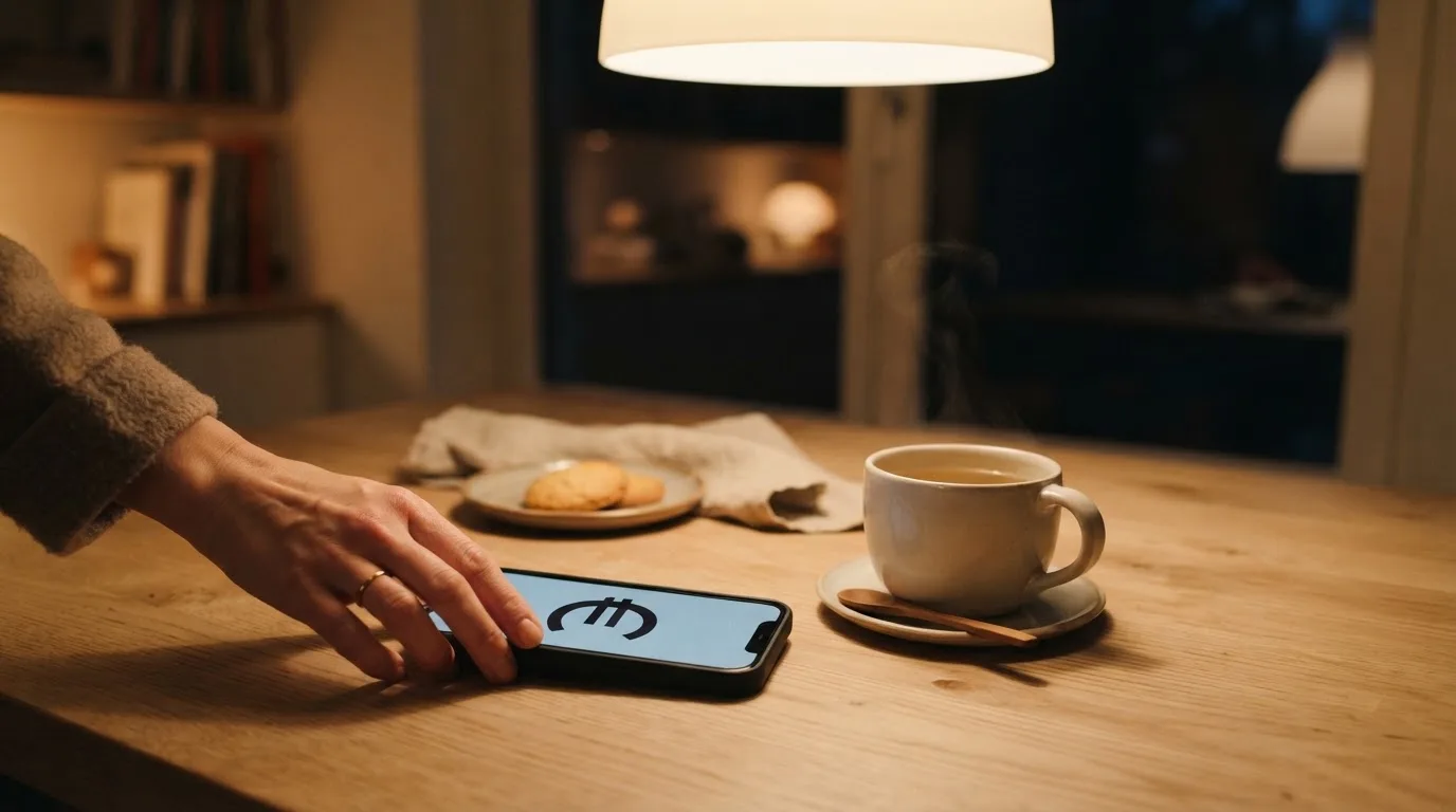 Een hand legt een smartphone naast een kopje thee op een keukentafel, een rustige avond