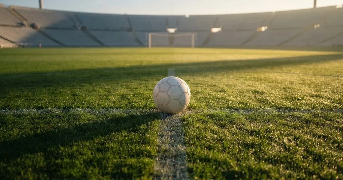 Een voetbal op de middenstip van een grasveld in het ochtendlicht
