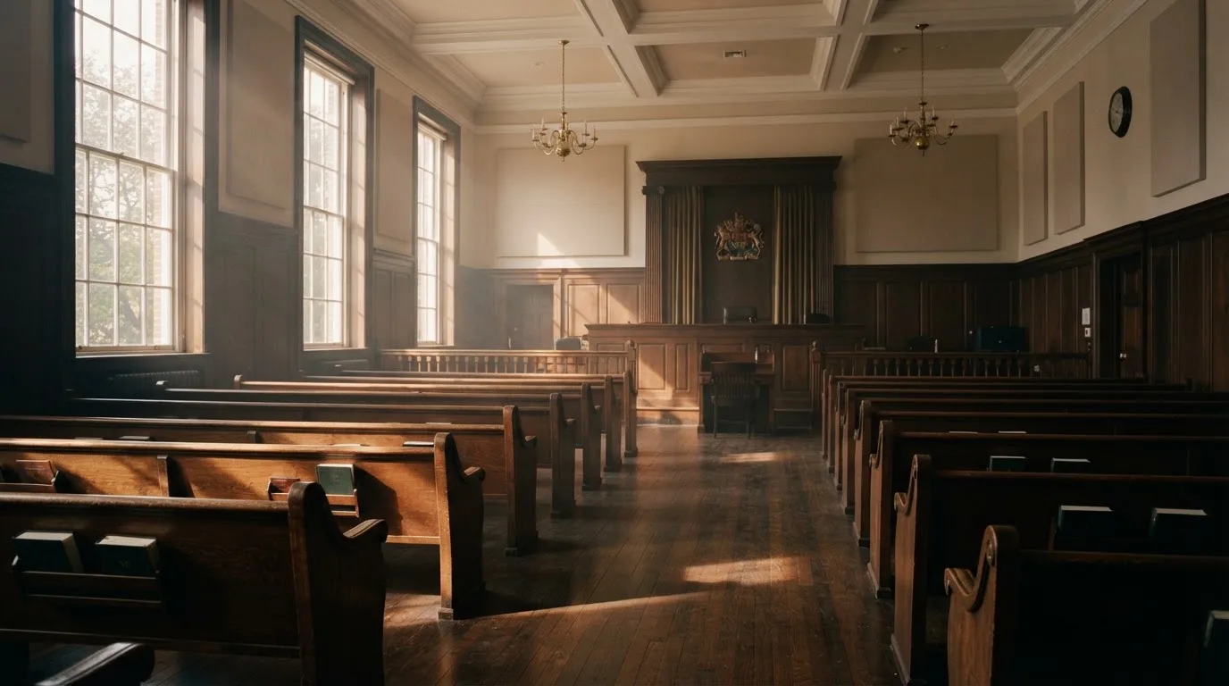 Een lege rechtszaal met houten banken in het ochtendlicht