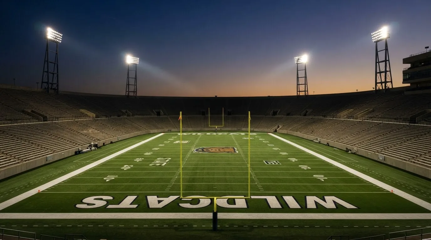 Een leeg voetbalstadion met lichtmasten bij schemering