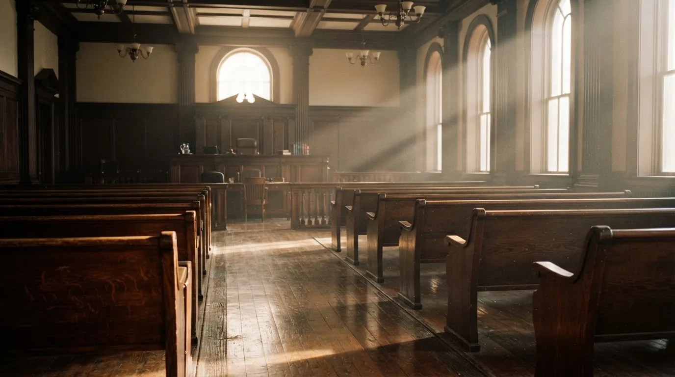 Een lege rechtszaal met houten banken in het ochtendlicht