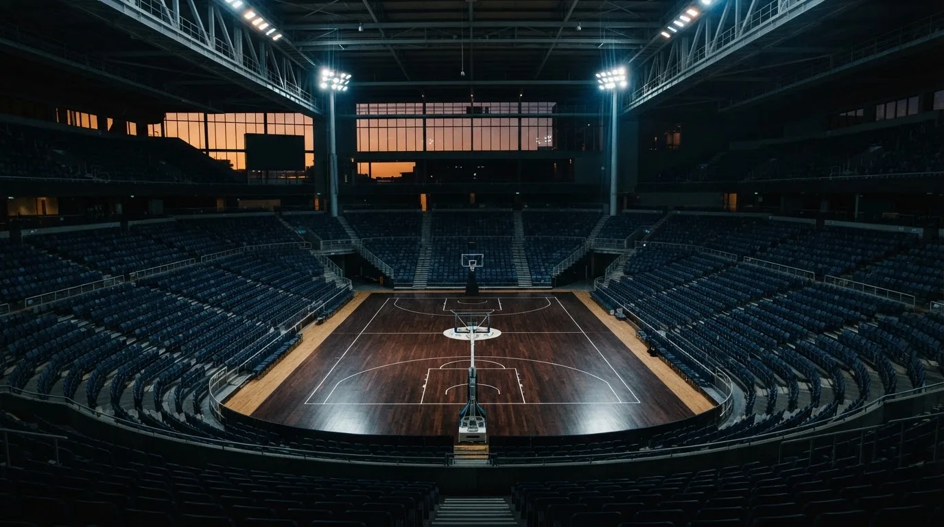 Een leeg voetbalstadion met lichtmasten bij schemering