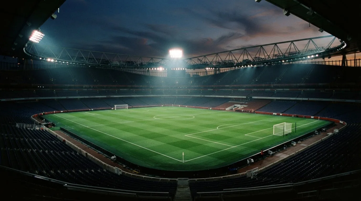 Een leeg voetbalstadion met lichtmasten bij schemering