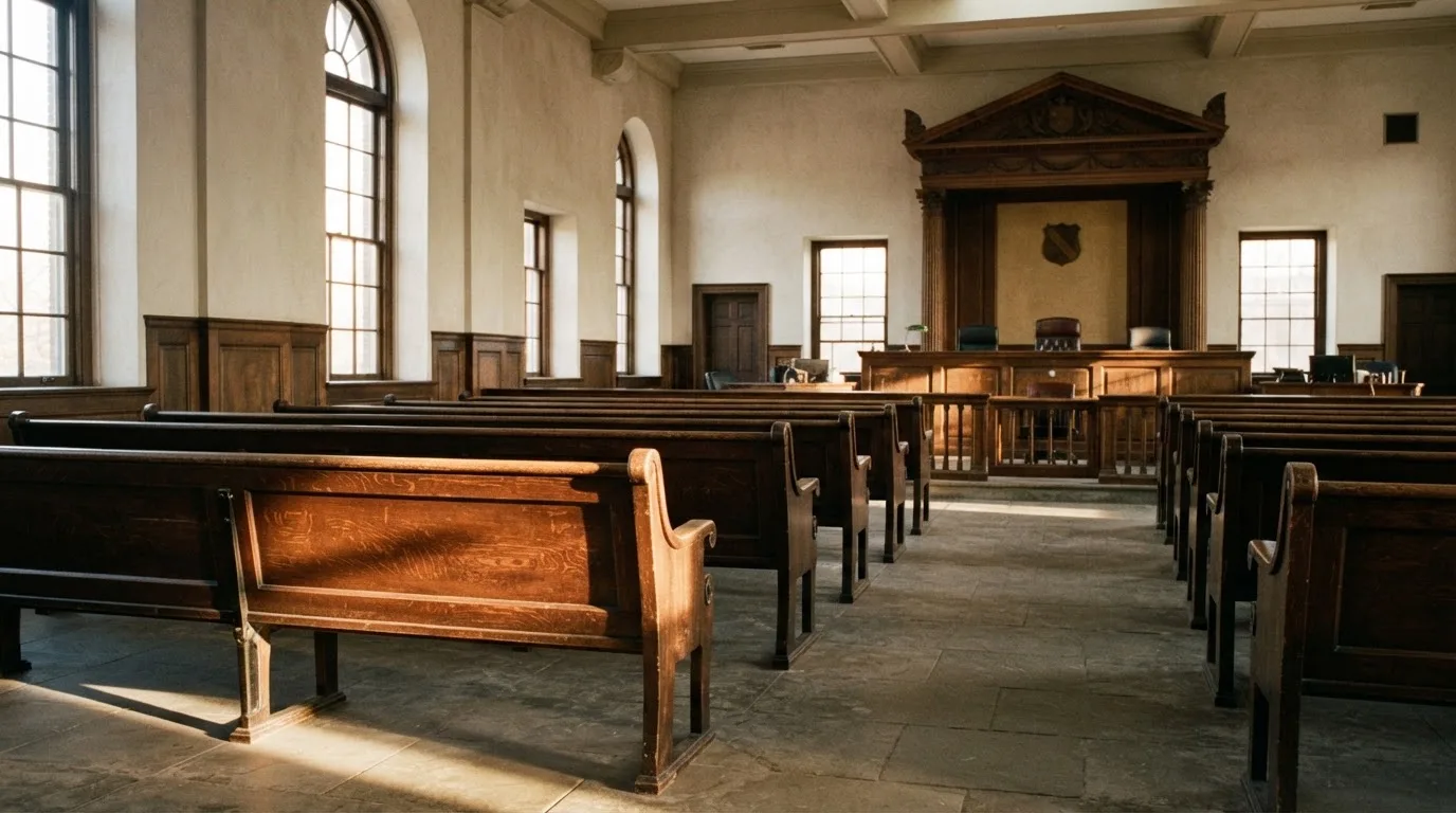 Een lege rechtszaal met houten banken in het ochtendlicht