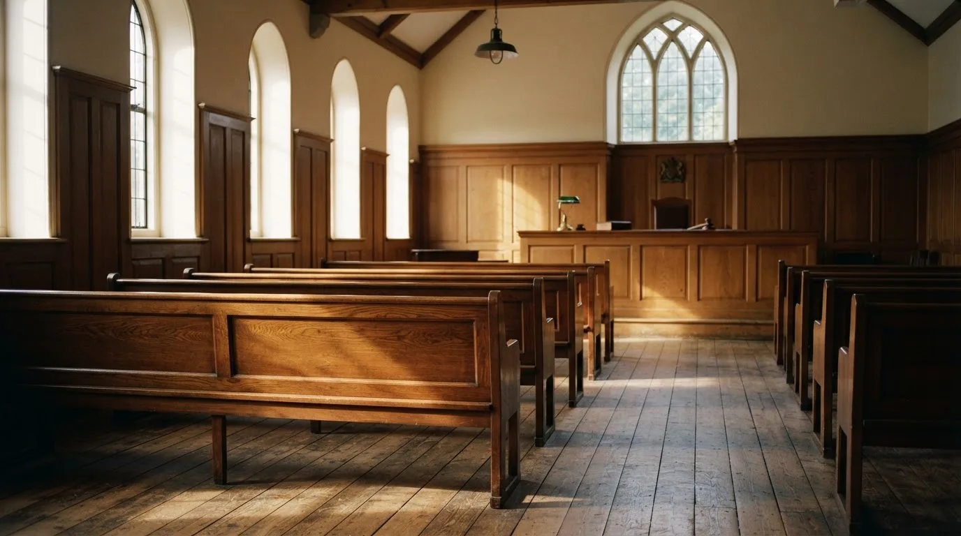 Een lege rechtszaal met houten banken in het ochtendlicht