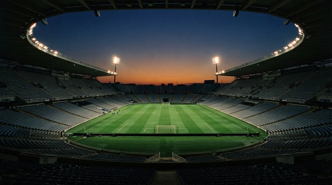 Een leeg voetbalstadion met lichtmasten bij schemering