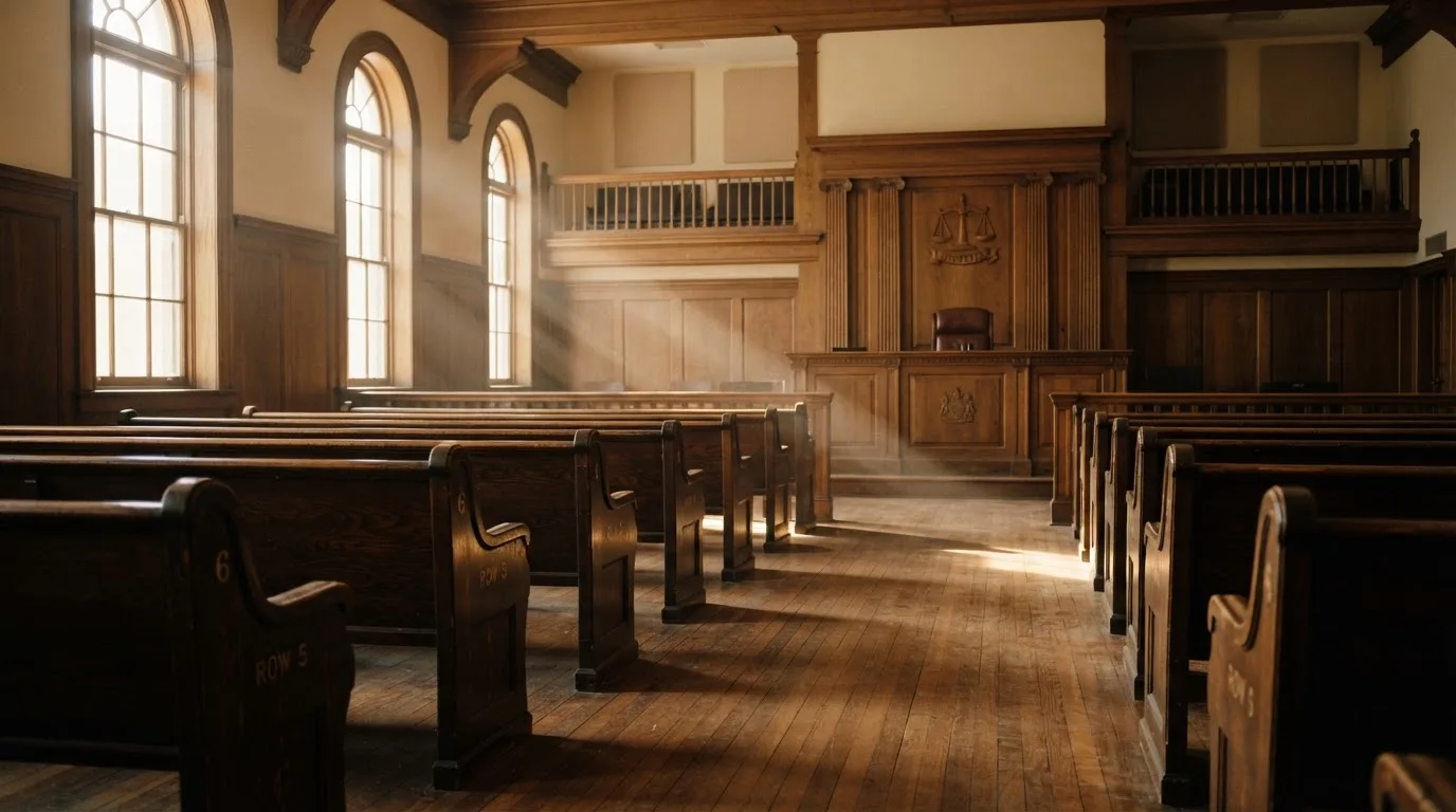 Een lege rechtszaal met houten banken in het ochtendlicht
