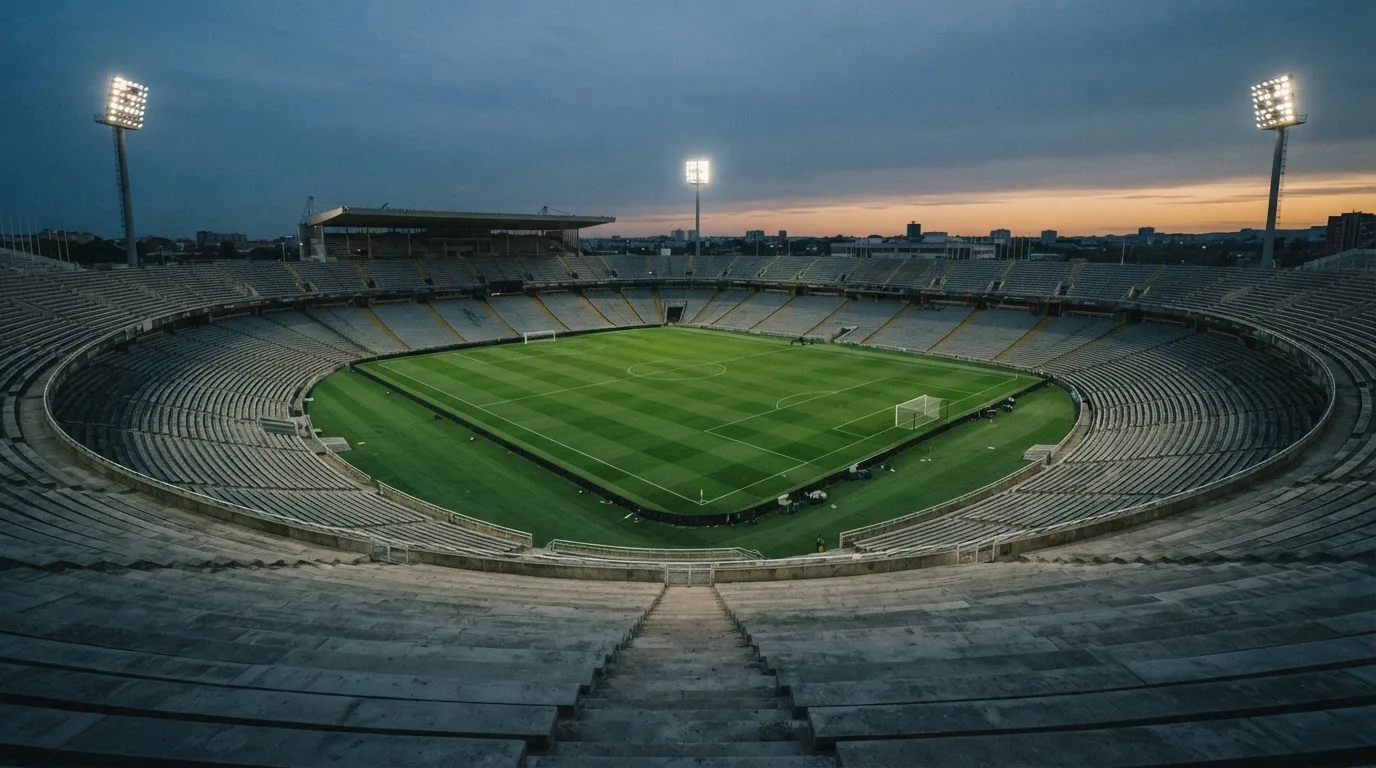 Een leeg voetbalstadion met lichtmasten bij schemering